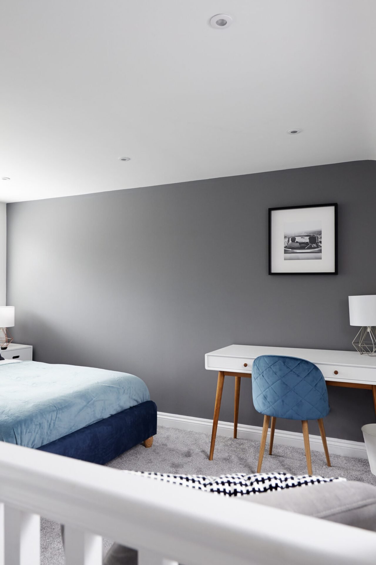 Interior of a house, loft conversion bedroom seen across stair banister